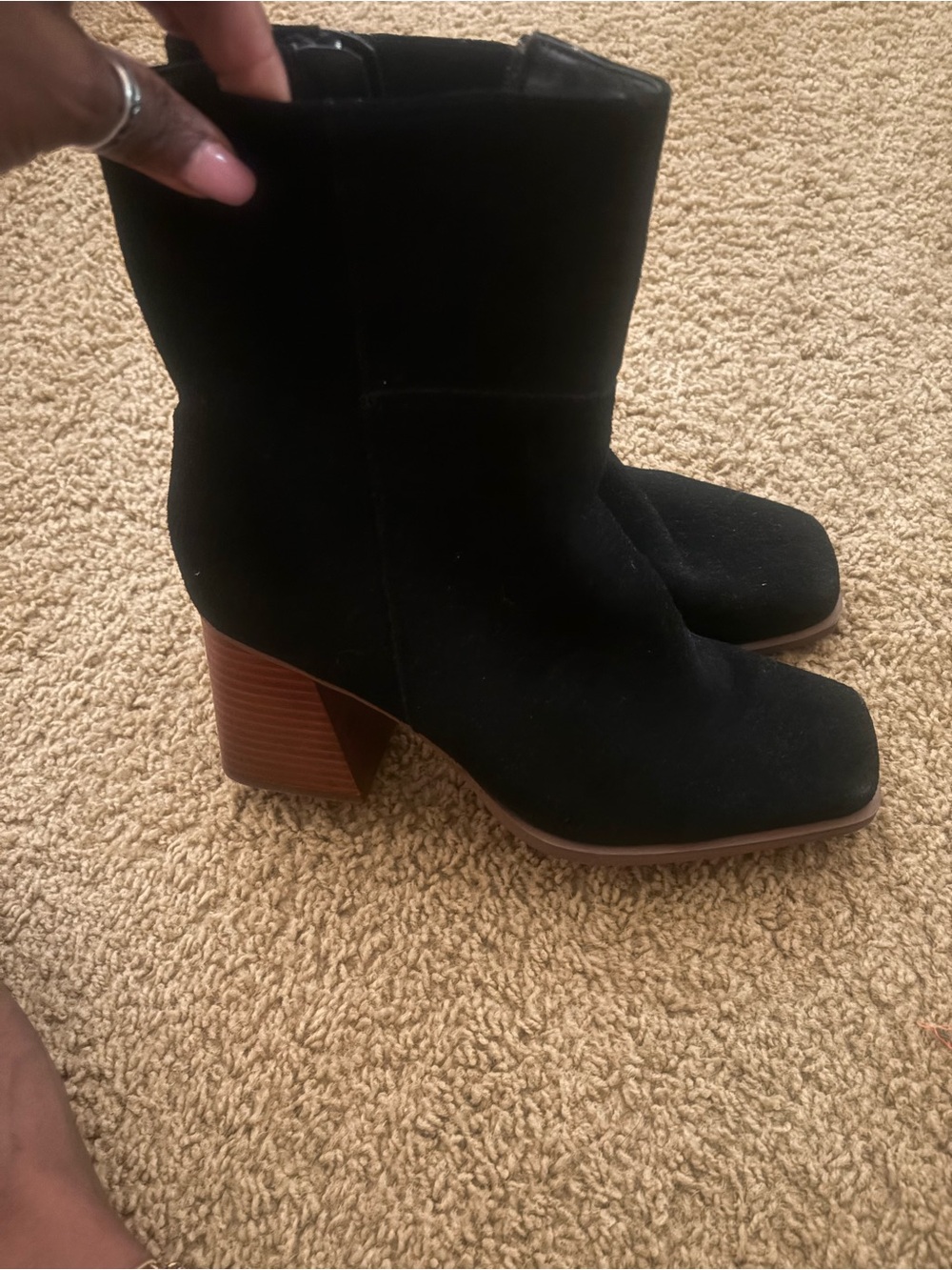 Crown Vintage Black Suede Mid-Calf Block Heel Boots